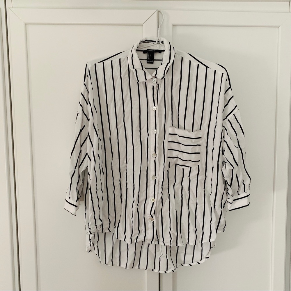 F21 white & black stripe button down blouse